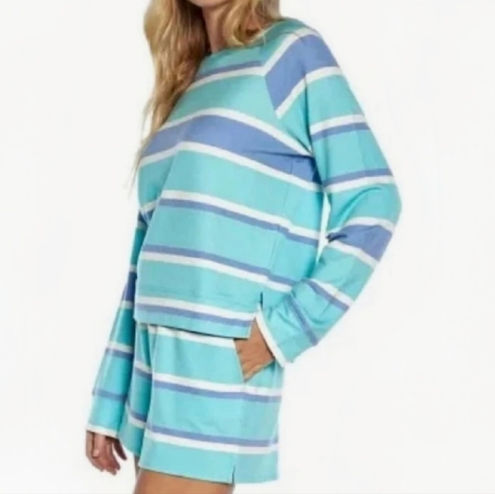 Wildfox Relaxed Color Block Ladies Lounge Pajama PJ Set Blue White Stripes L